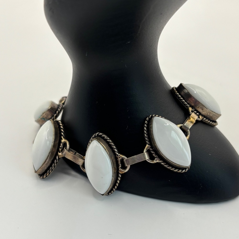 Vintage Link Panel Bracelet 925 Silver Twisted Rope‎ White Marquise Stone Toggle